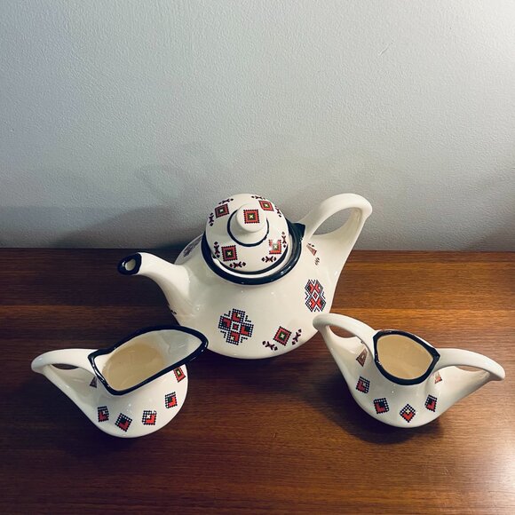 Vintage Cross Stich Pattern Porcelain 3 Piece Tea Set Genie Bottle Design - Picture 7 of 11